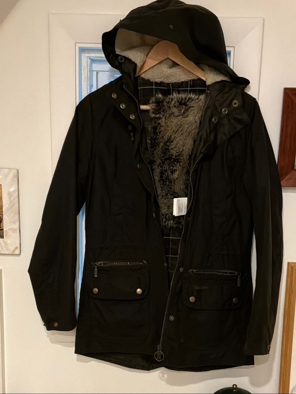 Barbour Black Hooded Utility Jacket with Faux-Fur Trim